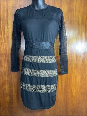 Good Time USA Black Lace Illusion Panel Bodycon Dress Long Sleeve Medium